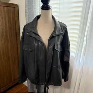 Tahari Dark Leather Jacket Cropped Faux Leather Pocket Bottons Casual Women’s 1X